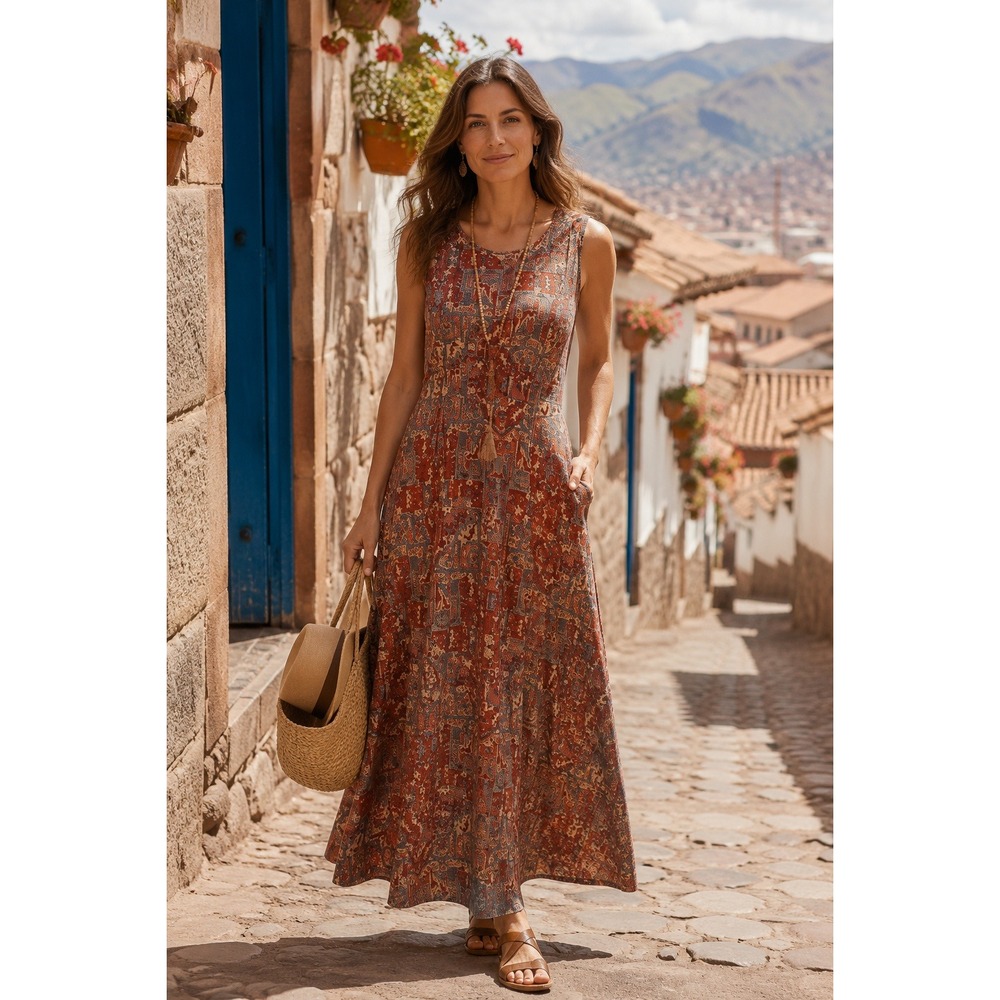 Peruvian Connection‎ Art Print Abstract Jersey Sleeveless Maxi Dress Rust Red XS